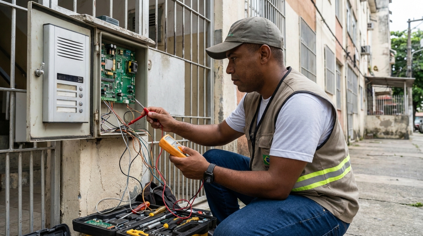Eletricista consertando interfone em Franca‑SP