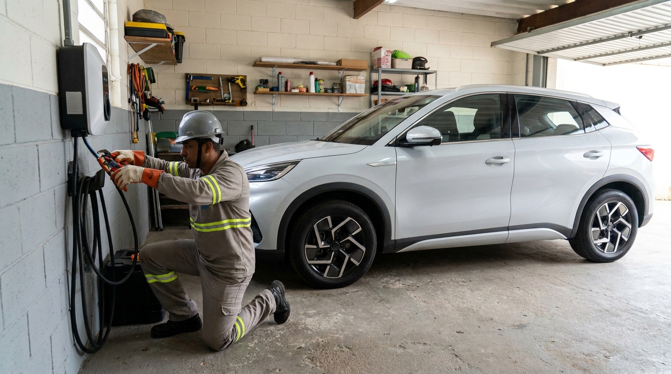 Eletricista instalando carregador de carro eletrico em Franca‑SP